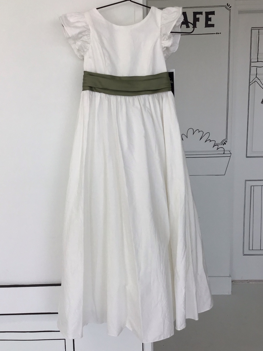 Azazie White Flower Girl Dress with Olive Sash